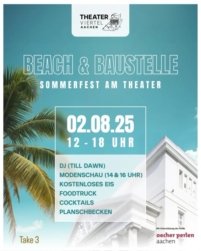 BEACH & BAUSTELLE - Sommerfest am
Theaterplatz
Am 2. August wird der Theaterplatz zum Treffpunkt für alle, die das Viertel lieben - mit offenen Türen, kreativen Ideen und ganz viel Engagement der umliegenden Geschäfte, Cafés und Restaurants.
Auch wir von Lieck & Müller sind natürlich dabei - mitten im Geschehen, wie seit fast 40 Jahren.
Kommt vorbei, lasst euch treiben - wir freuen uns auf euch.

#stadtaachen #summer#summervibes #dj#tilldawn